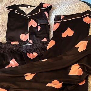 Satin Black With Pink Print Pajama Set Size M Perfect Valentines Gift